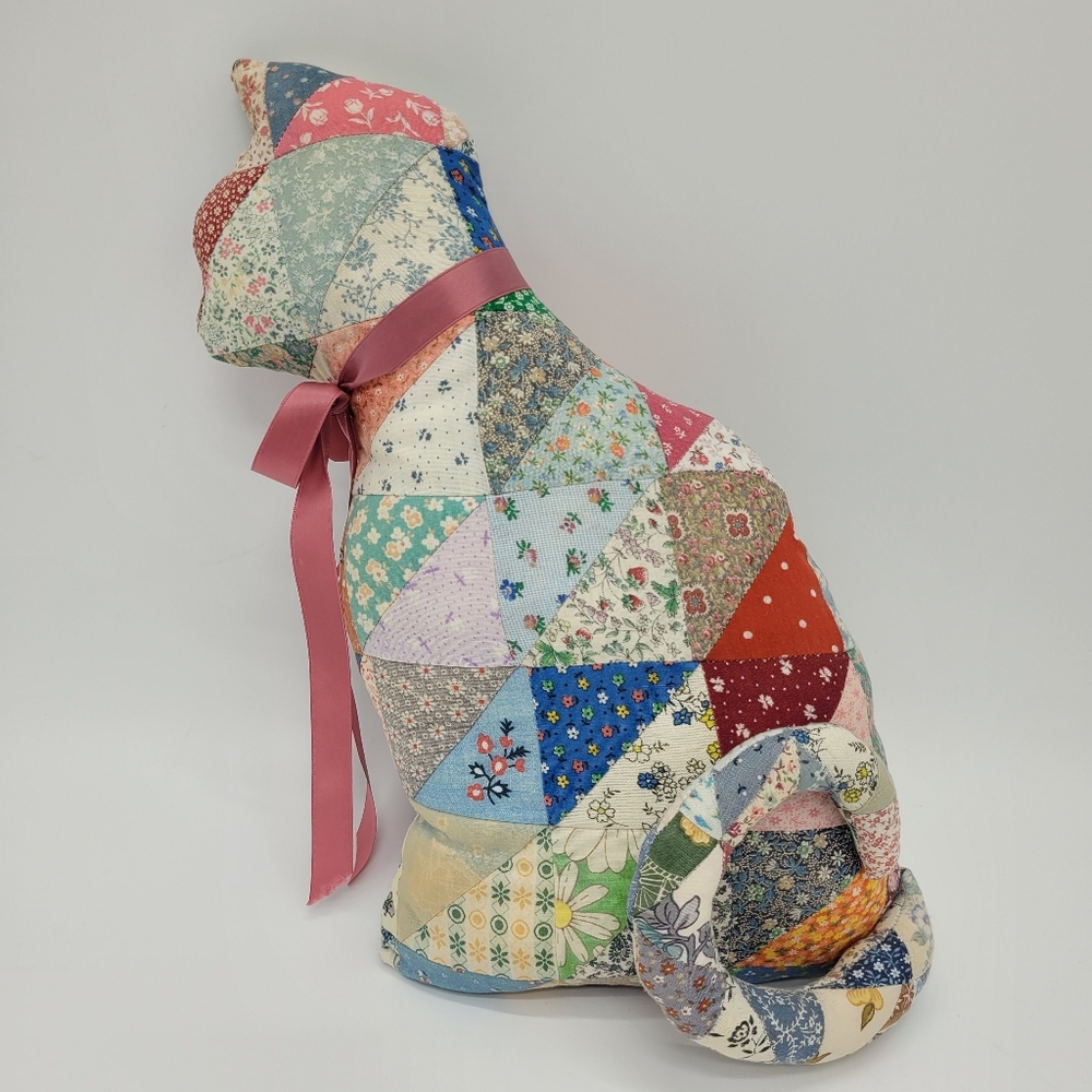 Vintage Patchwork Quilt Cat Pillow Pink Ribbon Cottage Granny Hand Crafted Decor